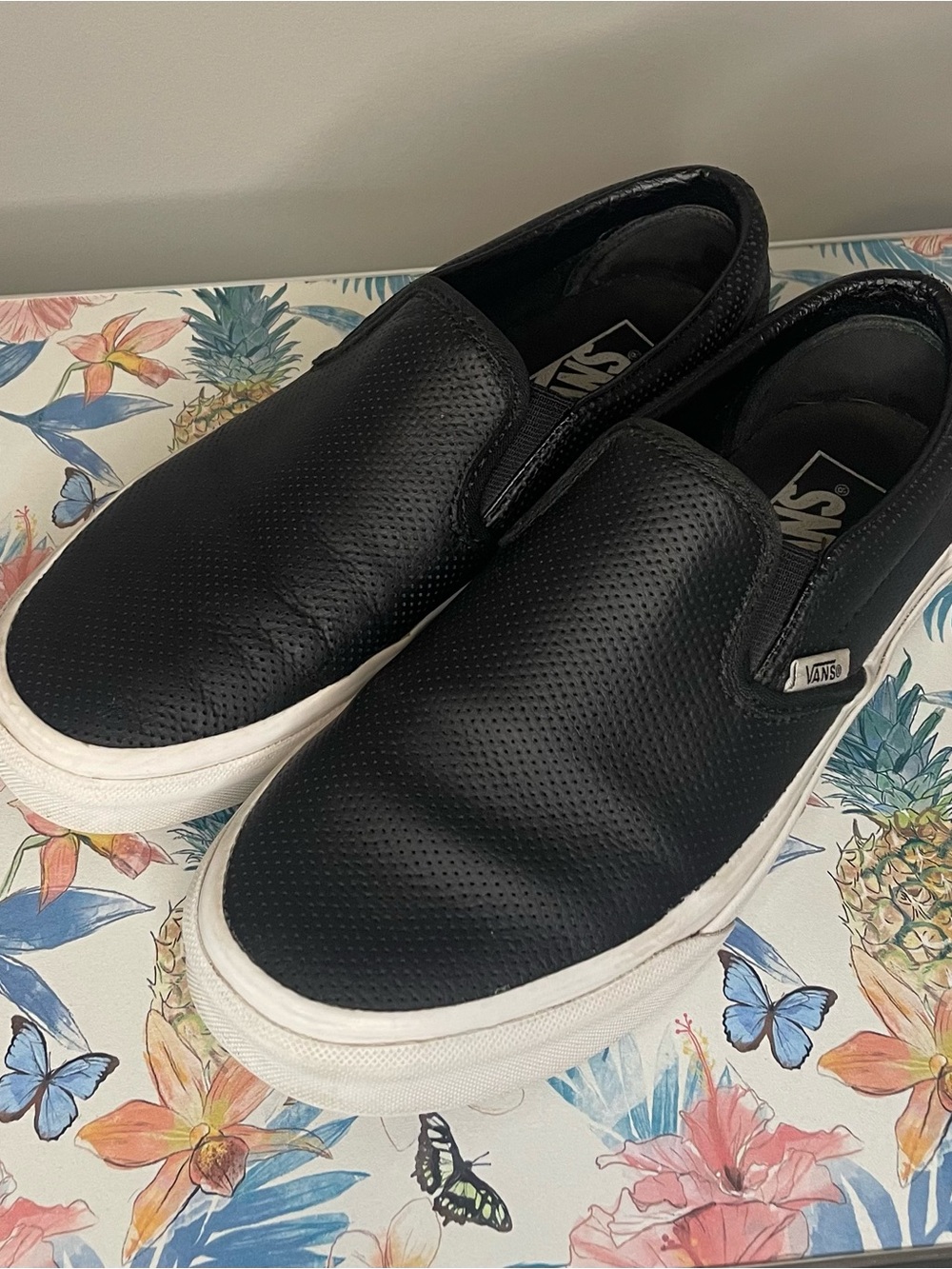 Vans Black Perforated Leather Slip-On Sneakers with White Sole